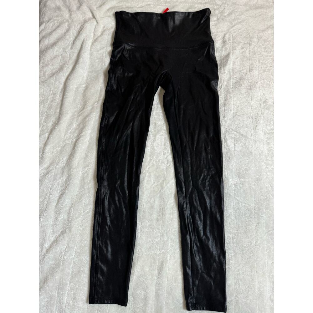 Spanx Faux Leather Matte Black Shaping Stretch Leggings Women’s Size Large L